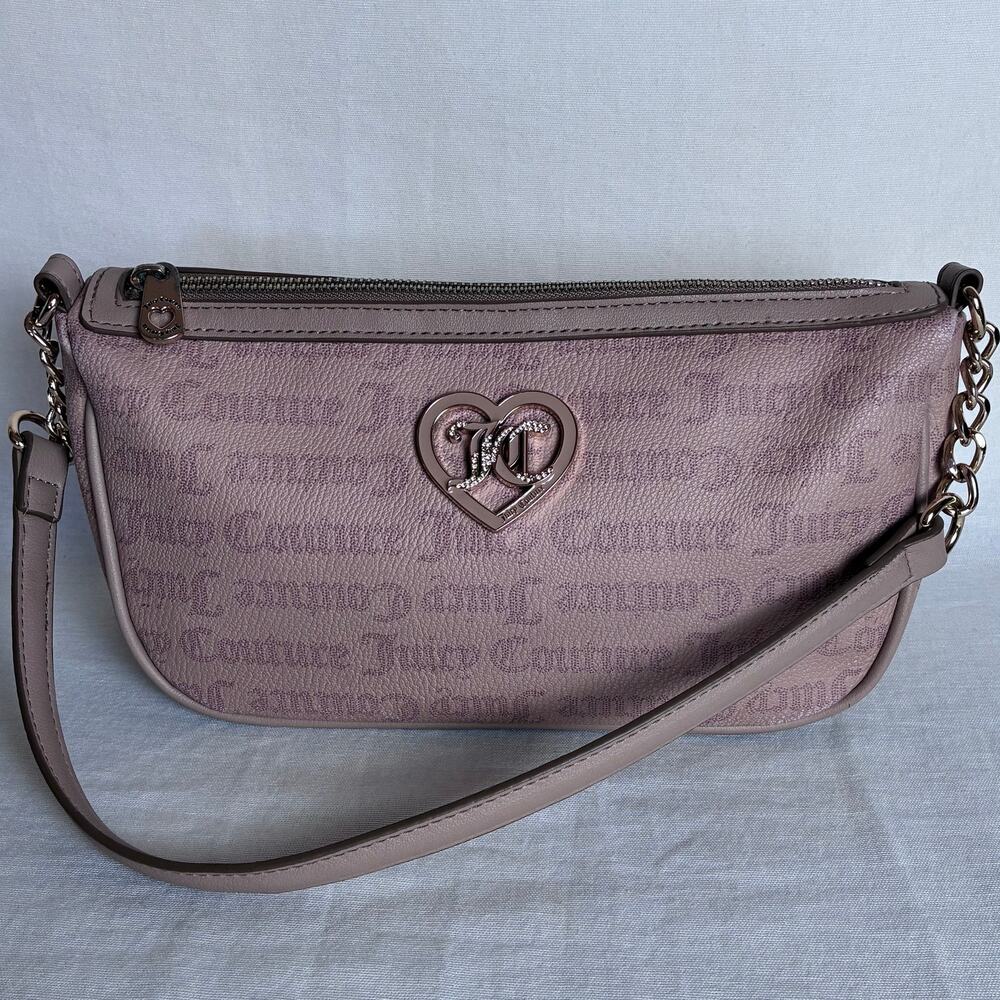 Y2K Juicy Couture Monogram Baguette Shoulder Bag Rhinestone Heart Mauve Pink